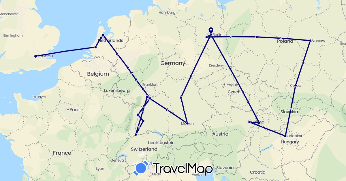 TravelMap itinerary: driving in Austria, Switzerland, Germany, France, United Kingdom, Hungary, Netherlands, Poland, Slovakia (Europe)
